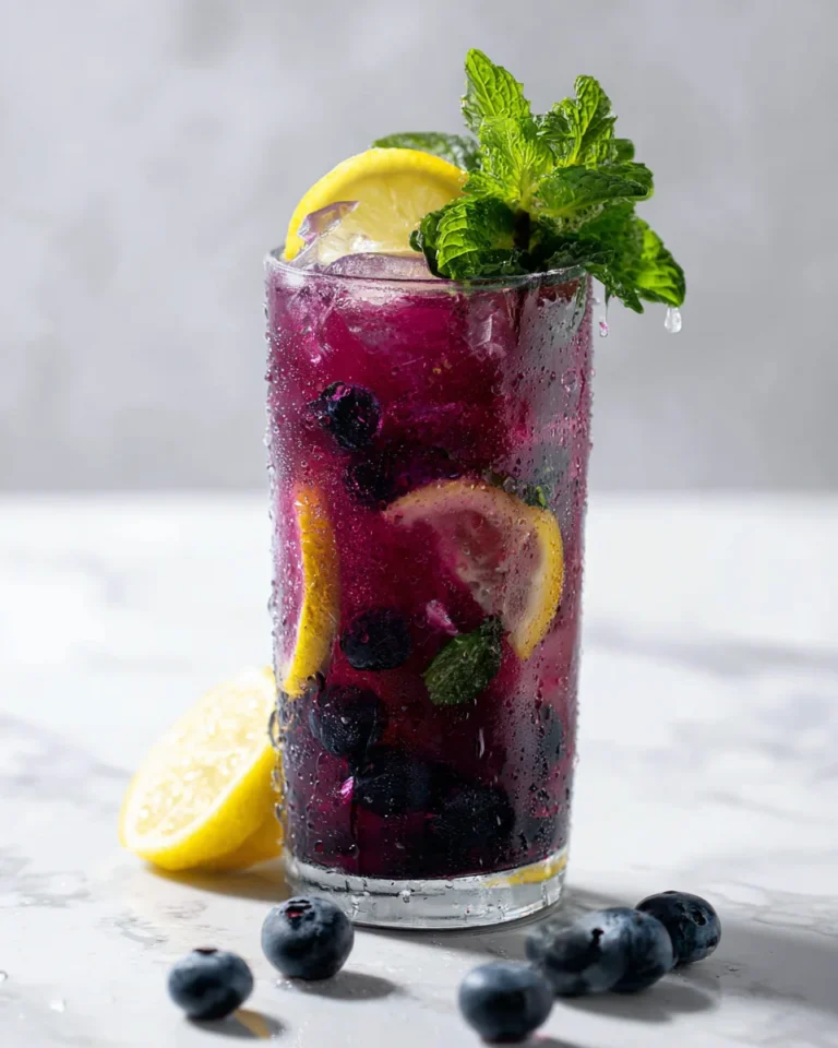 Glass of blueberry lemonade with whole blueberries, lemon slices, and mint
