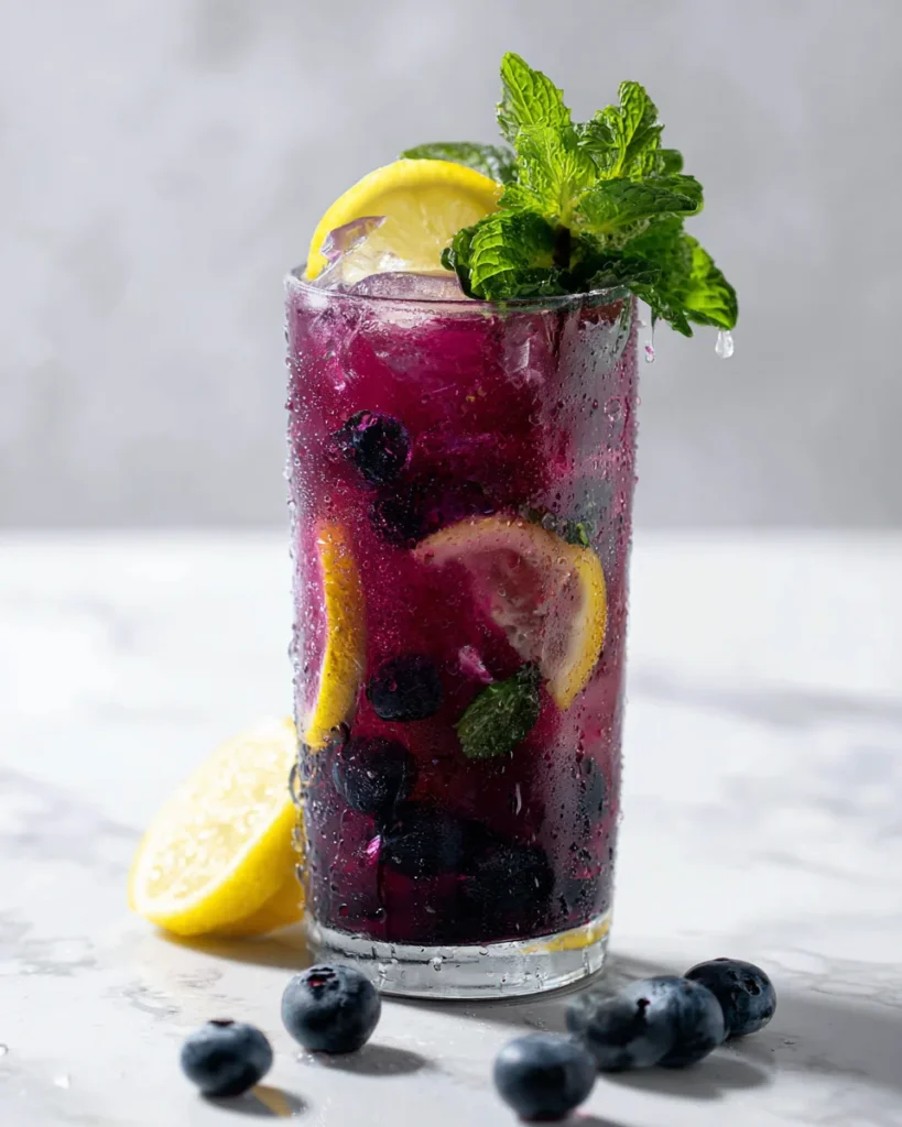 Glass of blueberry lemonade with whole blueberries, lemon slices, and mint