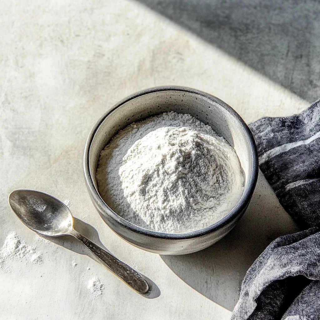 Bowl of fluffy white cassava flour with spoon and linen, lit by strong natural light from the side