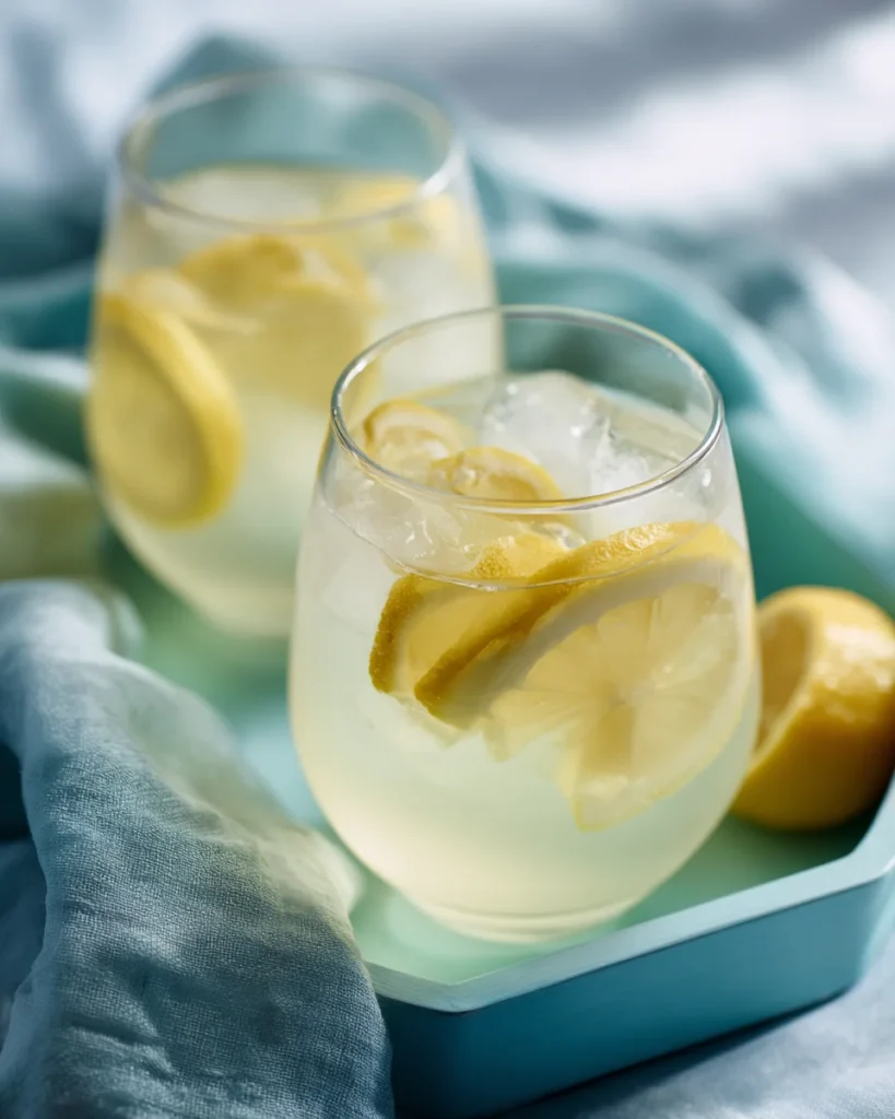 Two rounded glasses filled with fresh lemonade, lemon slices, and ice on a pastel blue tray with soft fabric napkins.