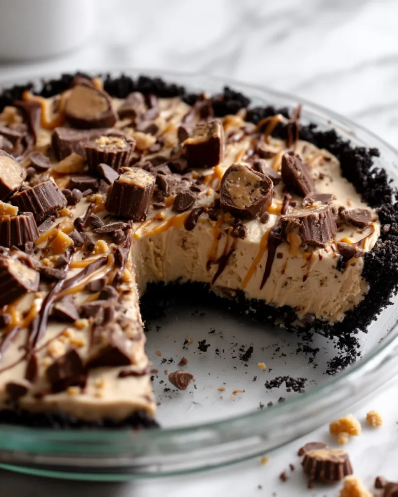 Whole peanut butter pie with a slice removed, showing creamy peanut butter filling and chocolate crust, topped with chopped peanut butter cups and drizzles of caramel and chocolate