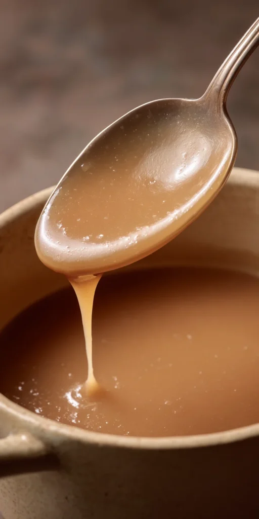 Ladle of silky brown gravy dripping into a beige ceramic saucepan, showing smooth, glossy texture under soft natural lighting.