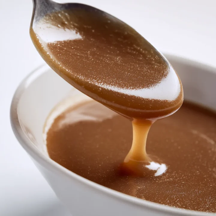 Spoonful of smooth brown gravy dripping into a glossy white bowl, captured under bright white lighting with visible sauce texture.