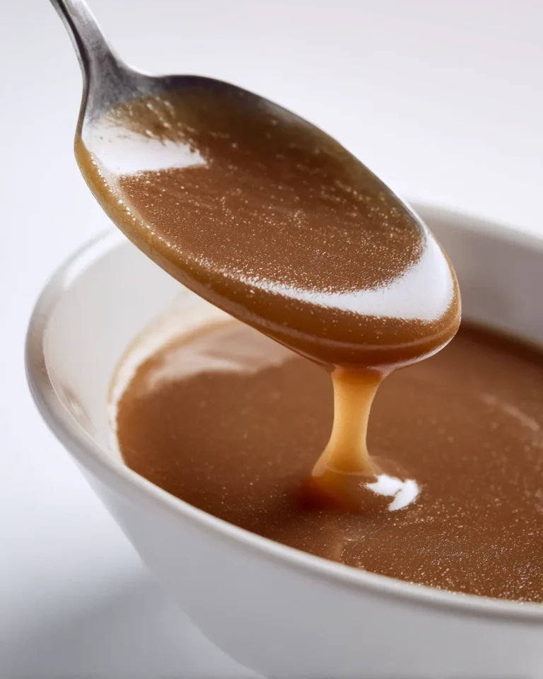 Spoonful of smooth brown gravy dripping into a glossy white bowl, captured under bright white lighting with visible sauce texture.