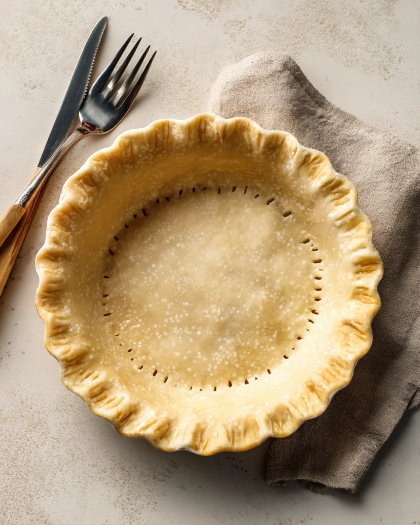 Unbaked pie crust with fork marks in a ceramic dish on a neutral background