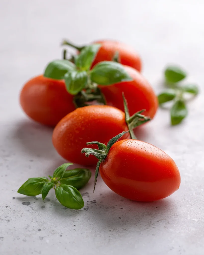 Fresh Roma tomatoes with basil leaves on a pale stone surface