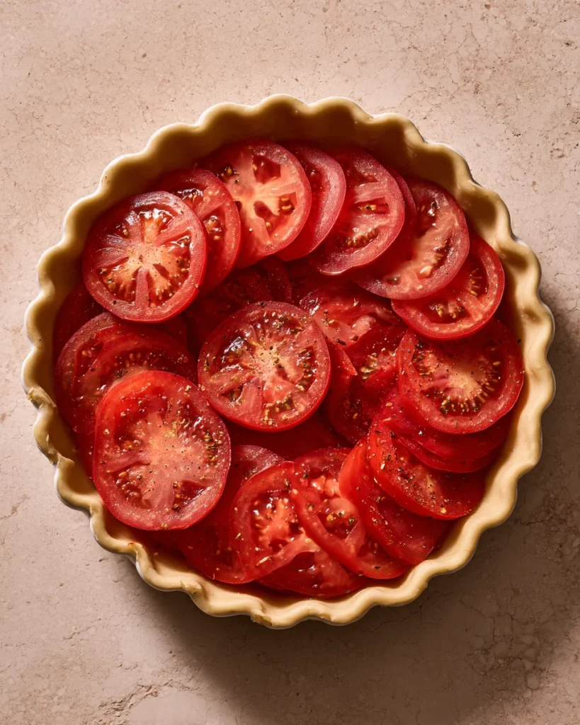 Sliced tomatoes layered in an unbaked pie crust
