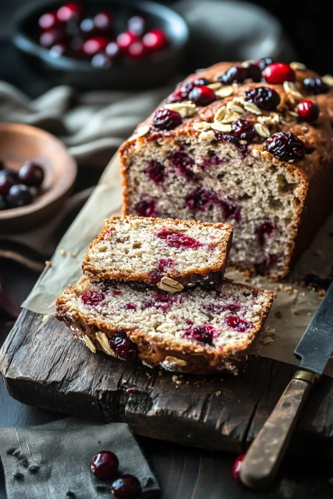 Sliced gluten-free cranberry bread on a rustic wooden board, topped with oats and whole cranberries