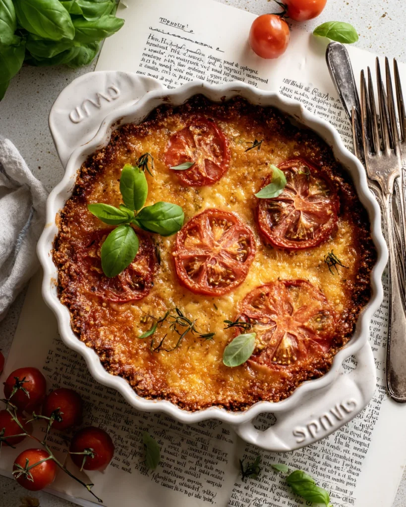 Southern tomato pie baked in a white Staub ceramic dish with basil on top