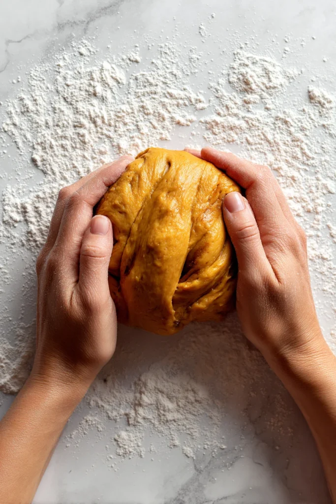 Hands kneading pumpkin dough on a floured marble surface