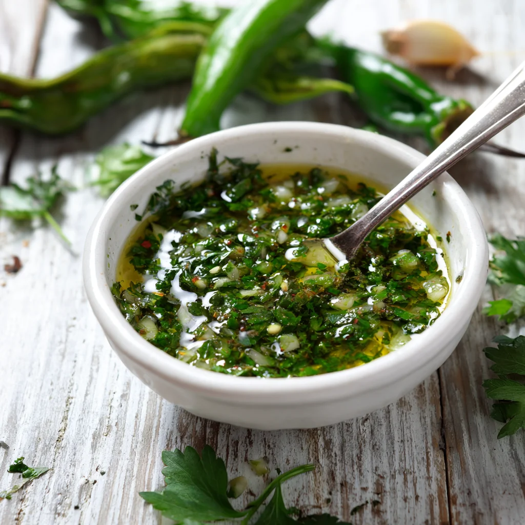 Hatch green chili chimichurri in a white bowl with spoon
