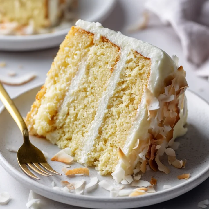 Close-up of a slice of pineapple coconut cake with creamy frosting and toasted coconut flakes on a white plate with a gold fork.