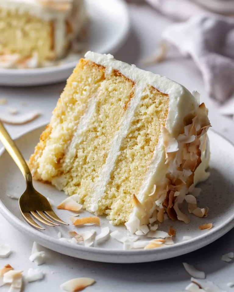 Close-up of a slice of pineapple coconut cake with creamy frosting and toasted coconut flakes on a white plate with a gold fork.