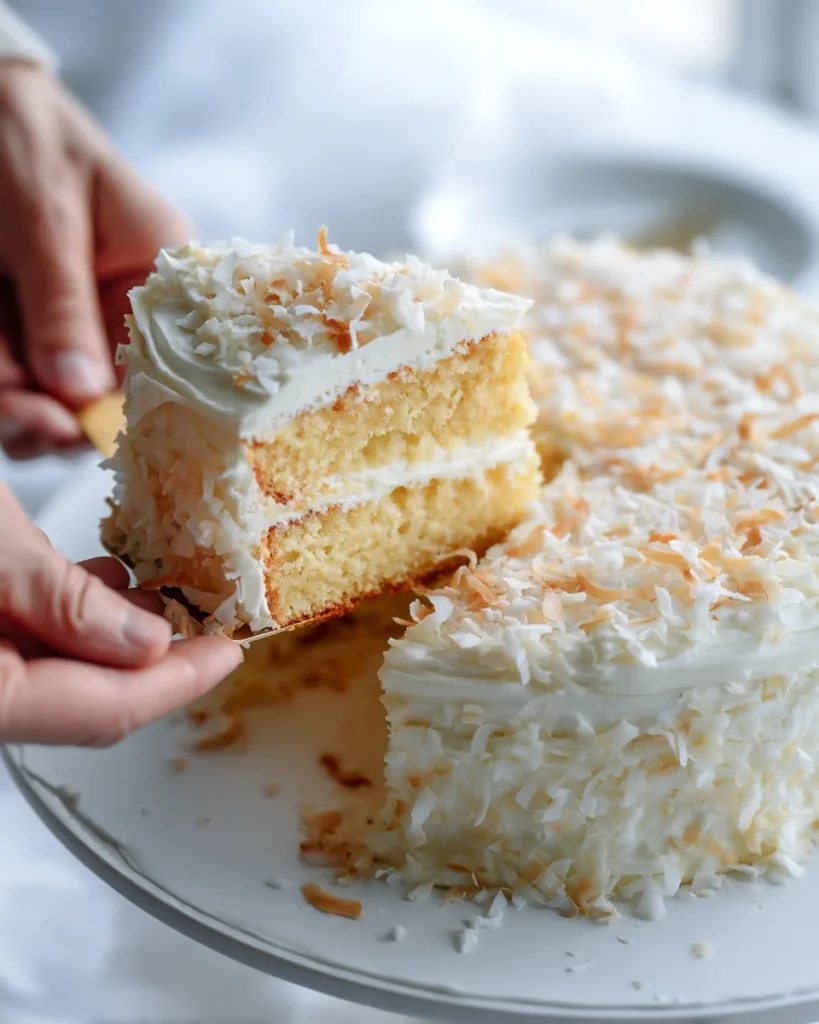 Hands serving a slice of pineapple coconut cake with creamy frosting and shredded coconut on top, cake on white pedestal stand.