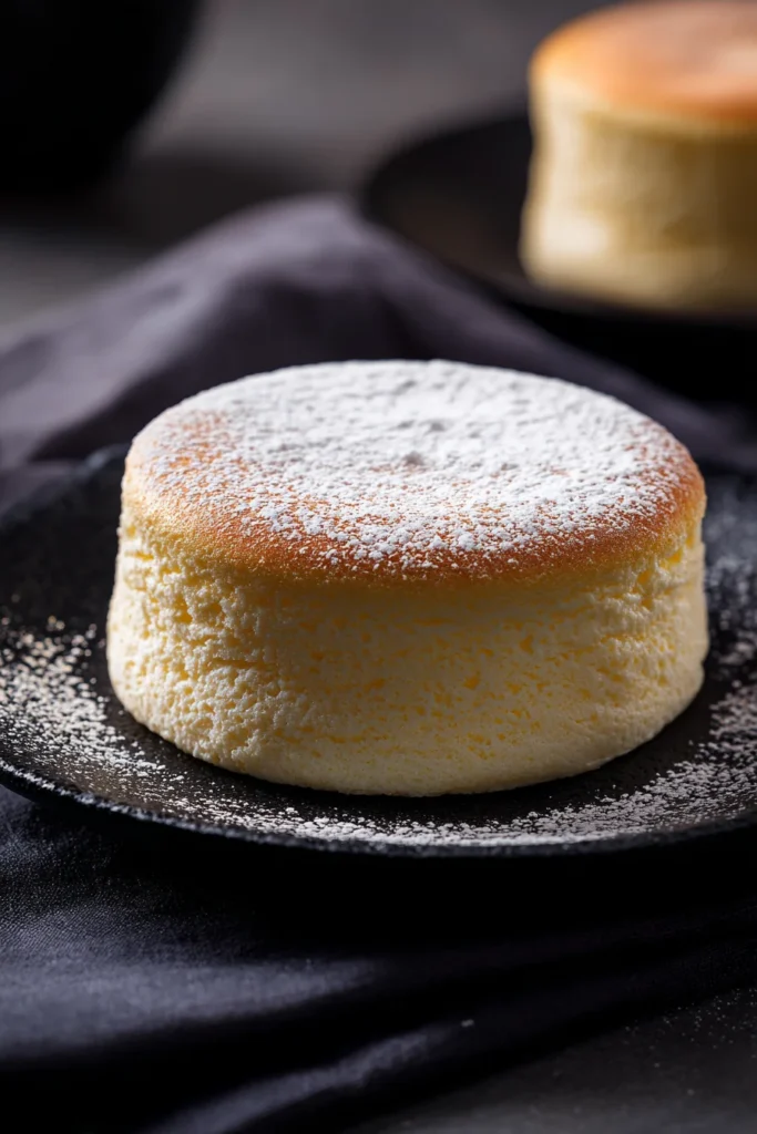 Whole Japanese cotton cheesecake with a dusting of powdered sugar on a black plate, tall and fluffy with a lightly golden top.