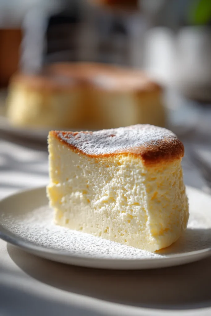 A slice of Japanese cotton cheesecake with a golden-brown top dusted with powdered sugar on a white plate, showing its airy and fluffy interior texture.