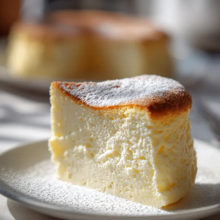 A slice of Japanese cotton cheesecake with a golden-brown top dusted with powdered sugar on a white plate, showing its airy and fluffy interior texture.