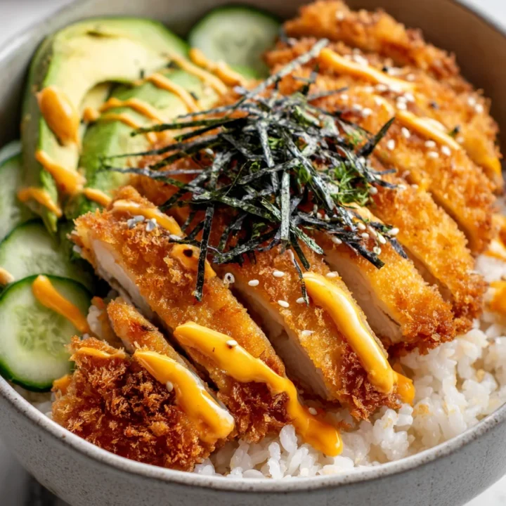 Japanese chicken katsu bowl with crispy breaded cutlet, sliced avocado, cucumber, white rice, orange katsu sauce drizzle, and shredded nori seaweed topping in a ceramic bowl.