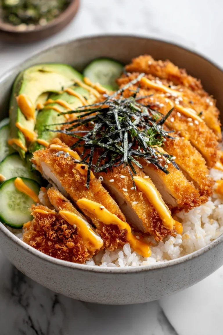 Japanese chicken katsu bowl with crispy breaded cutlet, sliced avocado, cucumber, white rice, orange katsu sauce drizzle, and shredded nori seaweed topping in a ceramic bowl.