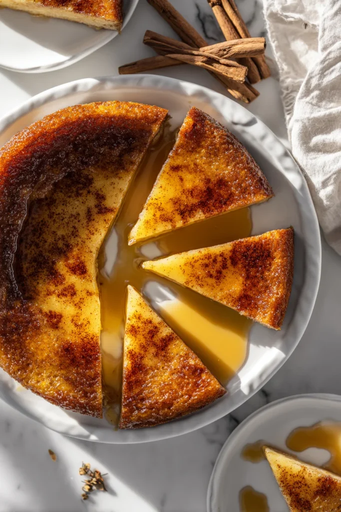Greek honey pie Melopita with slices cut on a white plate