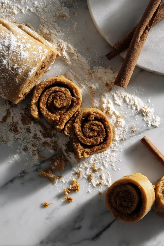Unbaked cinnamon roll slices on marble with cinnamon sticks and flour