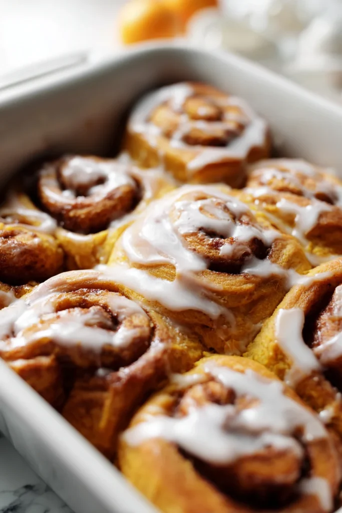 Baked pumpkin cinnamon rolls with icing in a white ceramic baking dish