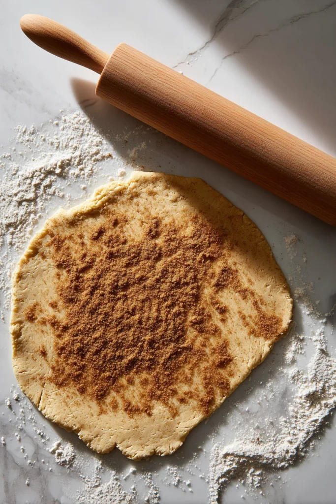 Rolled-out pumpkin cinnamon roll dough with cinnamon sugar and a rolling pin on marble surface