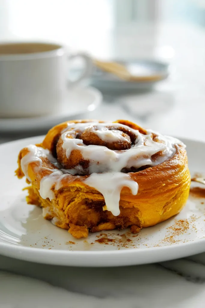 Frosted pumpkin cinnamon roll on white plate with coffee in background