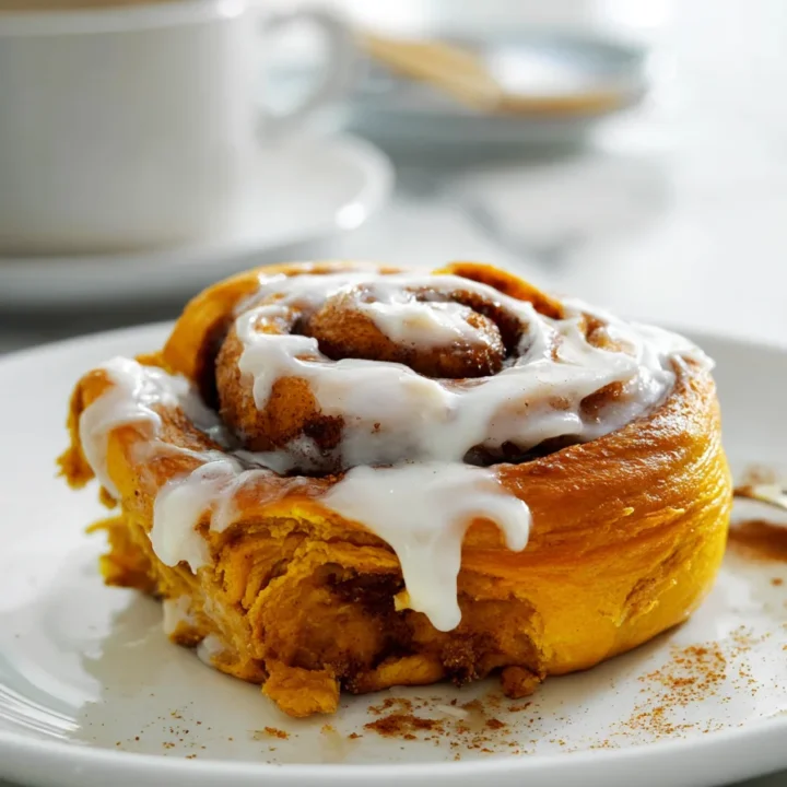 Frosted pumpkin cinnamon roll on white plate with coffee in background
