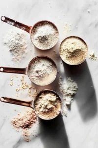Top-down view of copper measuring cups filled with various gluten-free flours on a marble background