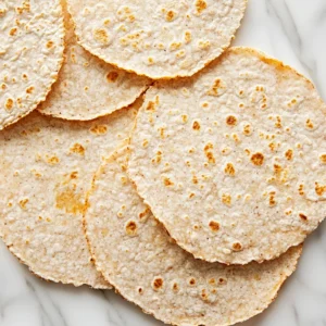 Overlapping cassava flour tortillas with golden brown blisters and textured finish