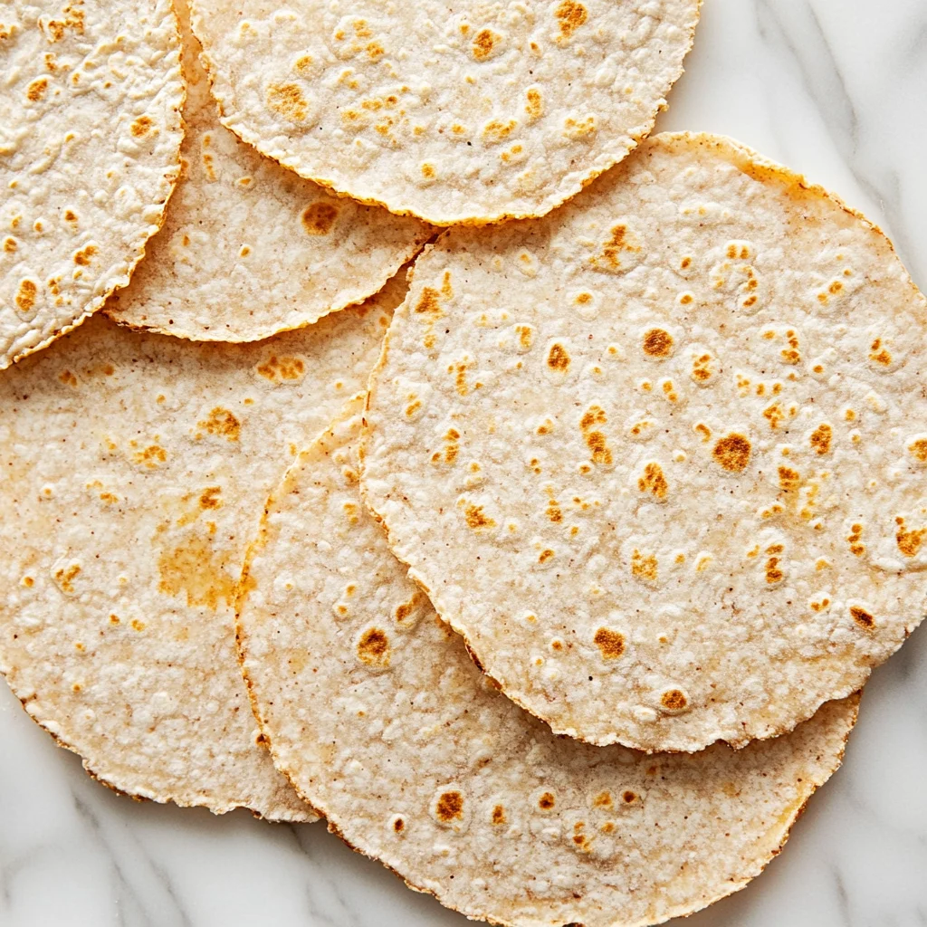 Overlapping cassava flour tortillas with golden brown blisters and textured finish