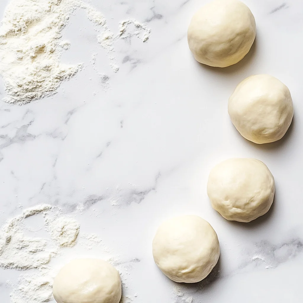 Round dough balls evenly spaced on a white marble surface, dusted with flour