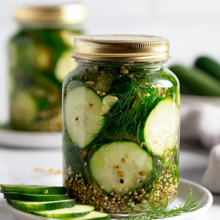 Close-up of a mason jar packed with pickles and cucumber slices, fresh dill, and mustard seeds, resting on a white plate