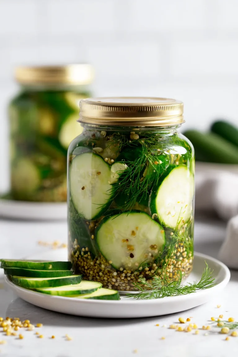 Close-up of a mason jar packed with pickles and cucumber slices, fresh dill, and mustard seeds, resting on a white plate
