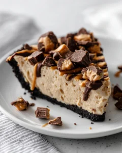 Close-up of a slice of peanut butter pie with creamy filling, chocolate cookie crust, and chopped peanut butter cups on a white plate
