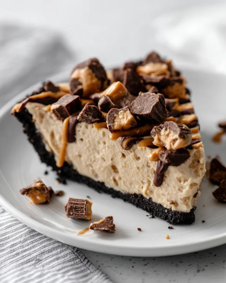 Close-up of a slice of peanut butter pie with creamy filling, chocolate cookie crust, and chopped peanut butter cups on a white plate