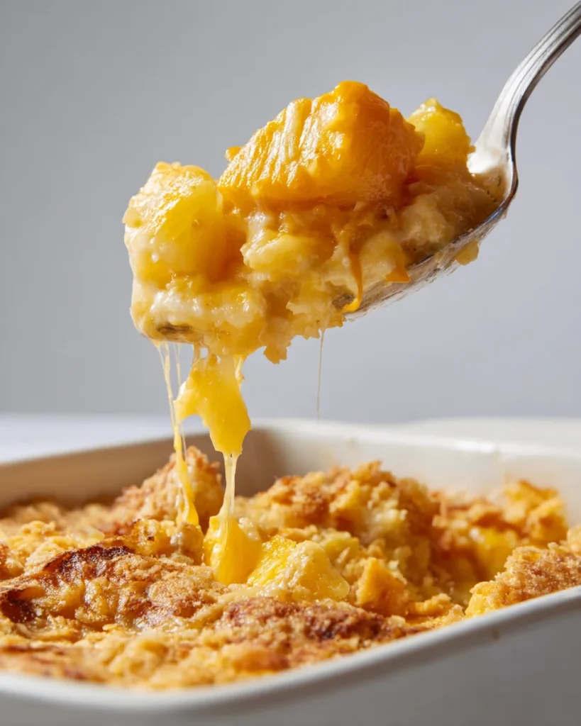 Close-up of a spoonful of pineapple casserole being lifted, showing gooey melted cheddar and juicy pineapple chunks over a crispy baked topping.