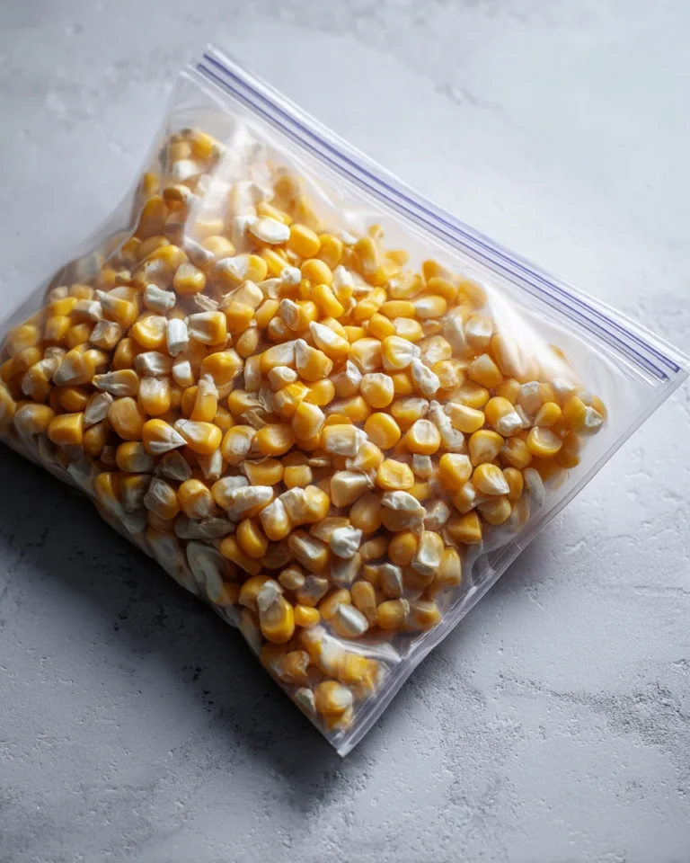 Corn kernels packed in a zip-top freezer bag on a light surface