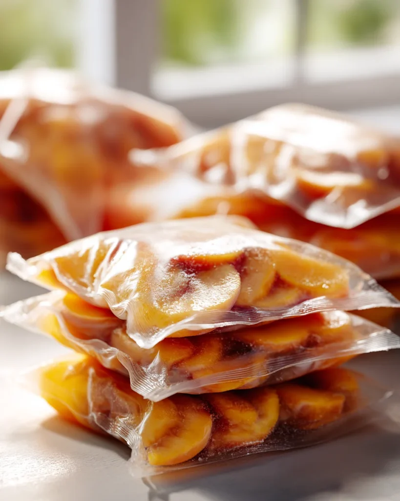 Vacuum-sealed freezer bags filled with frozen peach slices stacked on a counter
