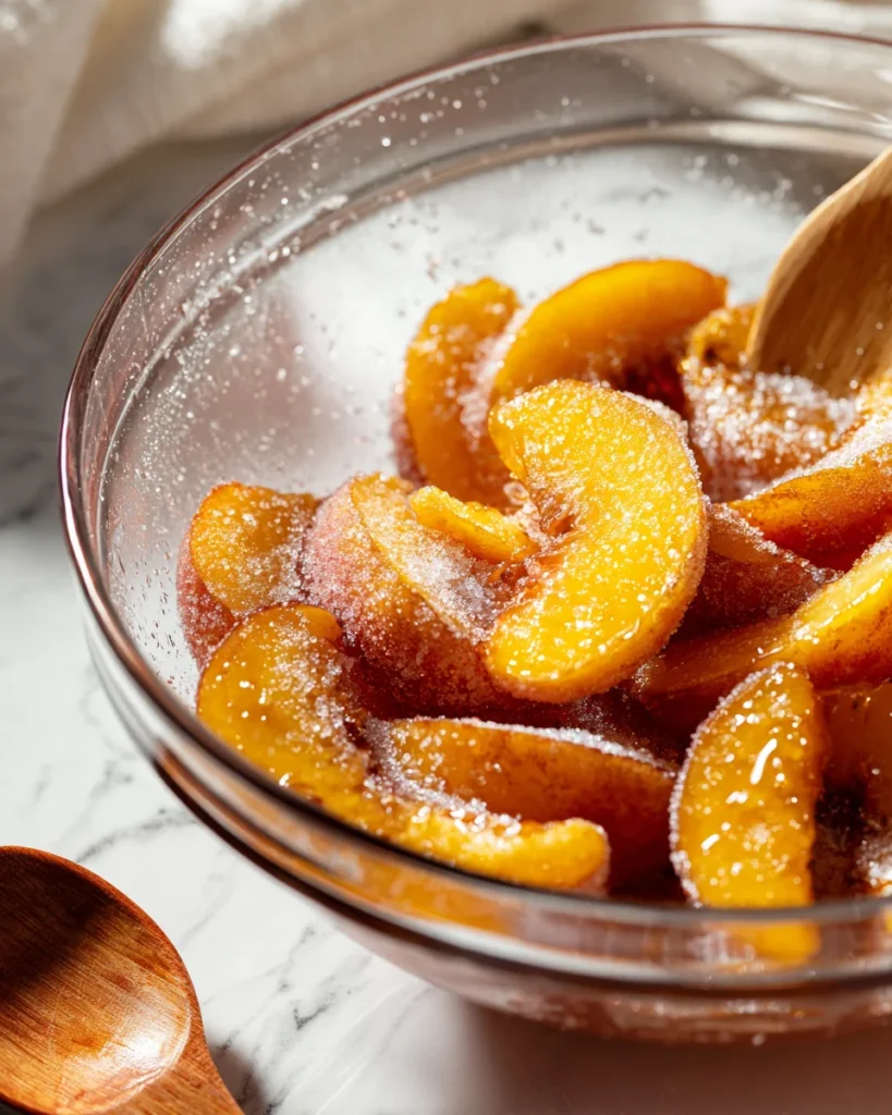 Peach slices coated in sugar inside a glass bowl with a wooden spoon