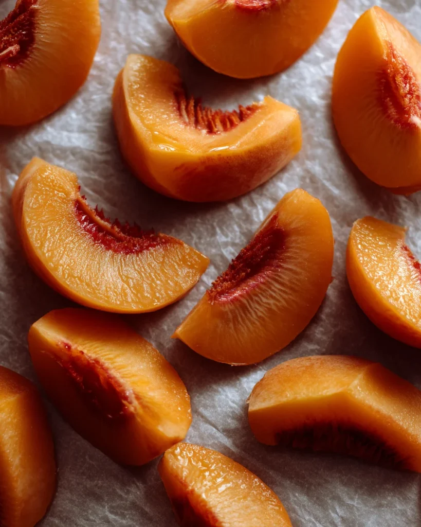 Close-up of sliced peaches on parchment paper ready for flash freezing