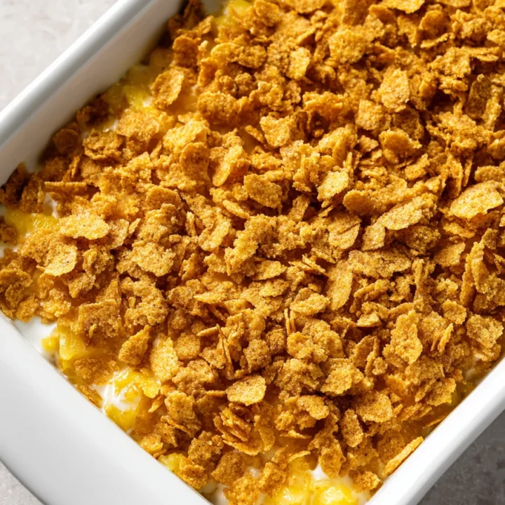 Overhead view of baked pineapple casserole in a white ceramic dish, topped with golden crispy Ritz cracker crumbs, on a light countertop.