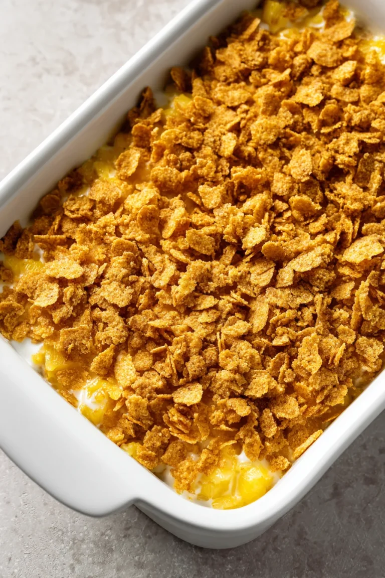Overhead view of baked pineapple casserole in a white ceramic dish, topped with golden crispy Ritz cracker crumbs, on a light countertop.