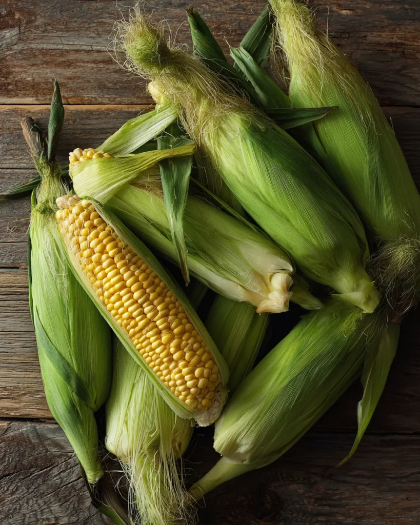 Fresh ears of corn with green husks and exposed kernels on a rustic wooden surface