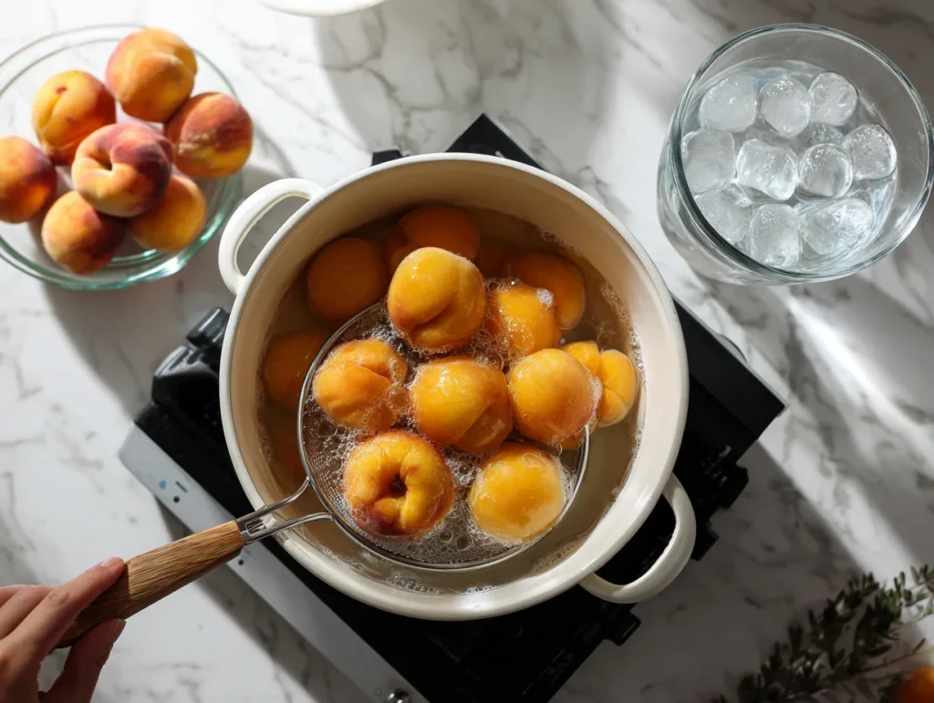 Whole peaches boiling in a white pot on a stovetop, with a mesh skimmer and nearby ice water