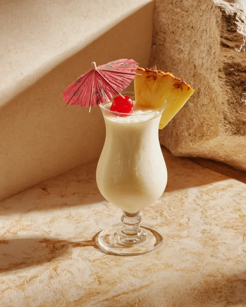Single pineapple smoothie with cherry and umbrella decoration on marble surface