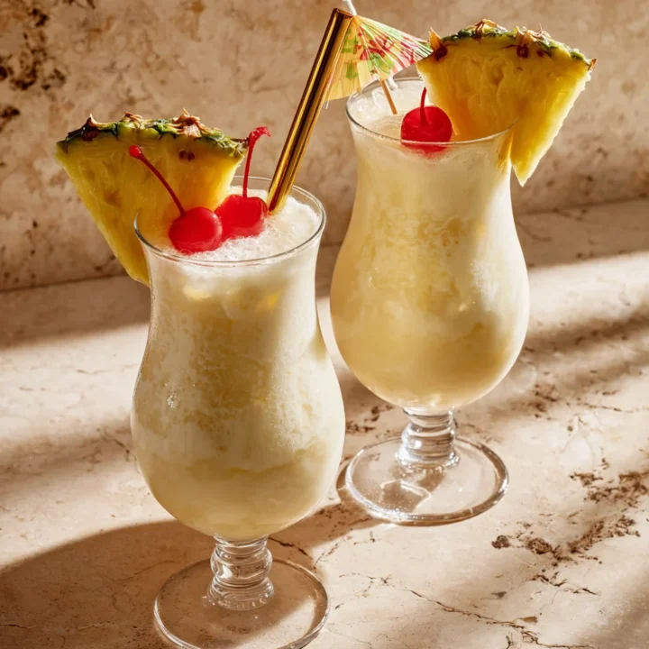 Two frosty piña coladas in hurricane glasses, topped with pineapple wedges, maraschino cherries, and cocktail umbrellas, sitting on a sunlit marble surface.