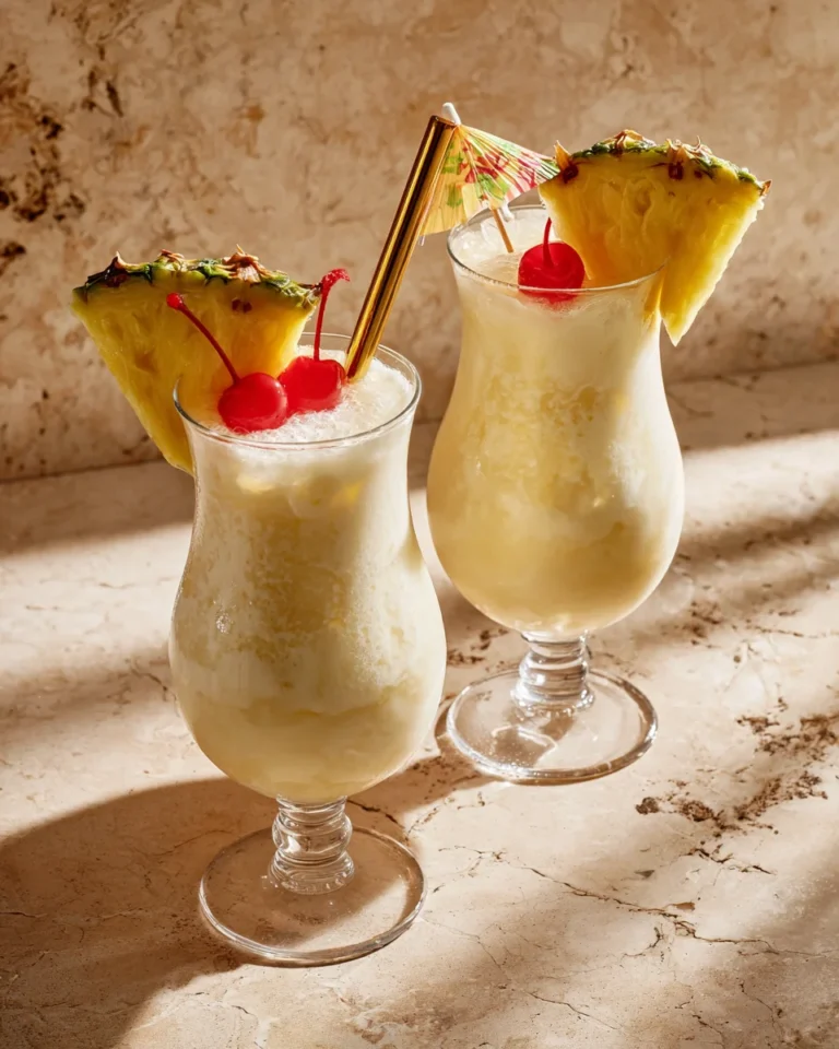 Two frosty piña coladas in hurricane glasses, topped with pineapple wedges, maraschino cherries, and cocktail umbrellas, sitting on a sunlit marble surface.