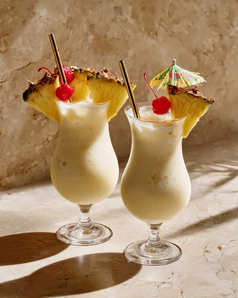Tropical pineapple smoothie garnished with pineapple wedges, cherries, and paper umbrellas in hurricane glasses on a marble background
